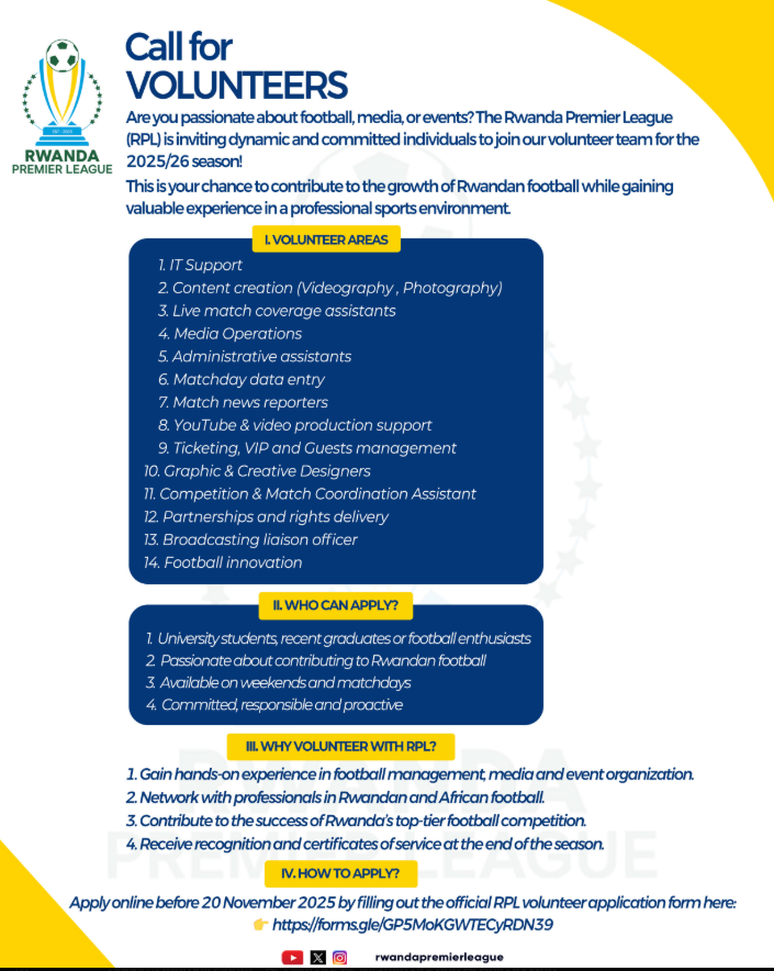 RWANDA PREMIER LEAGUE – CALL FOR VOLUNTEERS